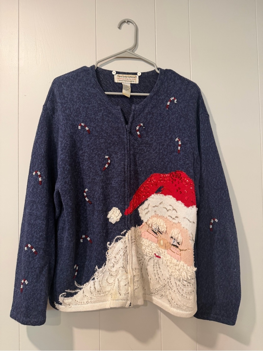 Women's Navy Holiday Santa Zip-Front Sweater Cardigan